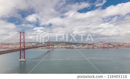 Panorama showing Lisbon cityscape and Tagus river timelapse with 25 of April bridge Panorama showing Lisbon cityscape and Tagus river timelapse with 25 of April bridge 116405118