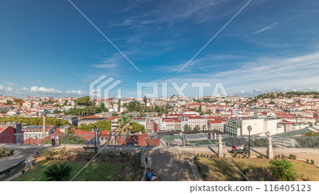 Panorama showing aerial view over the center of Lisbon timelapse from Miradouro de Sao Pedro de Alcantara 116405123