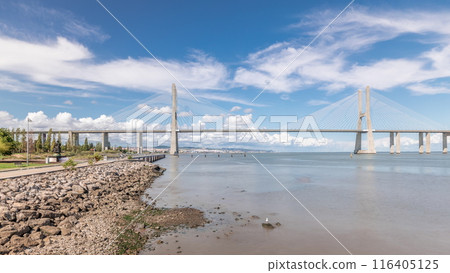 Panorama showing the Vasco da Gama Bridge timelapse in Lisbon, Portugal Panorama showing the Vasco da Gama Bridge timelapse in Lisbon, Portugal 116405125