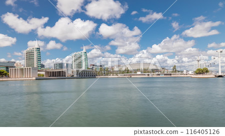 Panorama showing Parque das Nacoes or Park of Nations district timelapse in Lisbon, Portugal. 116405126
