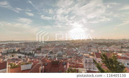 Panorama showing Lisbon famous aerial view from Miradouro da Senhora do Monte tourist viewpoint timelapse 116405130