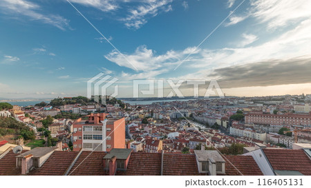 Panorama showing Lisbon famous aerial view from Miradouro da Senhora do Monte tourist viewpoint timelapse 116405131