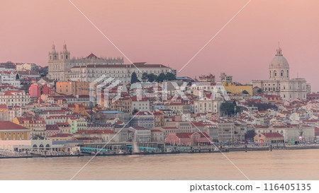 Panorama of Lisbon historical center and ferry terminal Terreiro do Paco aerial timelapse during sunset from above. Portugal Panorama of Lisbon historical center and ferry terminal Terreiro do Paco aerial timelapse during sunset from above. Portugal 116405135