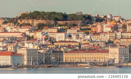 The Commercial Square with crowd aerial timelapse, Castle Hill and Alfama district of Lisbon, Portugal 116405138