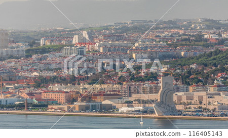 Monument to the Discoveries aerial timelapse located on the northern bank of the Tagus River in Lisbon, Portugal 116405143