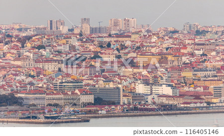 Aerial view of Lisbon skyline around Santos district, docks and the Tagus River timelapse. Lisbon, Portugal. Aerial view of Lisbon skyline around Santos district, docks and the Tagus River timelapse. Lisbon, Portugal. 116405146