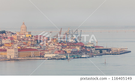 Panorama of Lisbon historical center terreiro do paco aerial timelapse. Floating ships at ferry terminal Panorama of Lisbon historical center terreiro do paco aerial timelapse. Floating ships at ferry terminal 116405149
