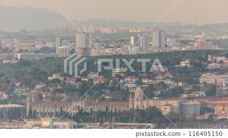 Lisbon cityscape with Jeronimos Monastery and Emprie Square and park timelapse. Lisbon, Portugal 116405150
