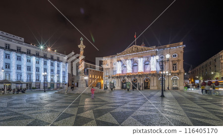 Panorama showing Municipal square with City Hall architecture decorated for Christmas and night celebrations night timelapse. Lisbon, Portugal 116405170