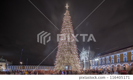 Panorama showing Commerce square illuminated and decorated at Christmas time in Lisbon night timelapse. Portugal 116405171