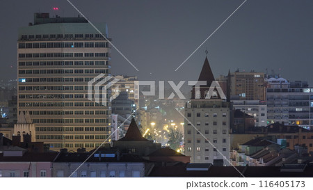The Areeiro area of Lisbon with residential and office buildings night timelapse, Portugal 116405173