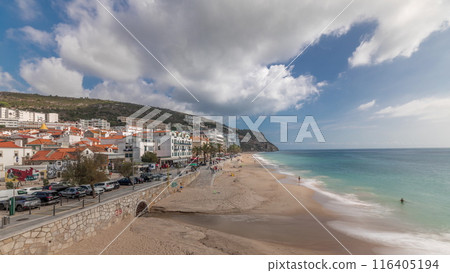 Panorama showing aerial view of Sesimbra Town and seaside timelapse, Portugal. Panorama showing aerial view of Sesimbra Town and seaside timelapse, Portugal. 116405194