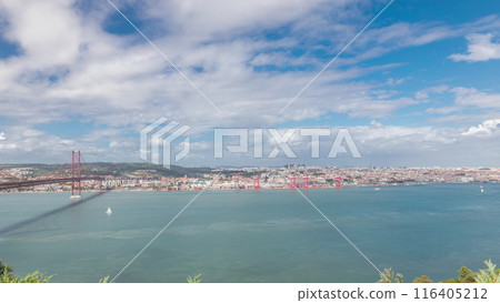 Panorama showing Lisbon cityscape and Tagus river timelapse with 25 of April bridge 116405212