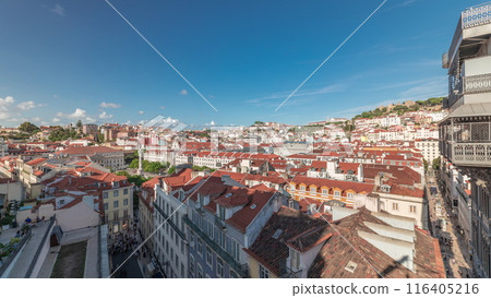 Panorama showing Alfama and Baixa districts of Lisbon aerial timelapse from anta Justa lift, Portugal 116405216