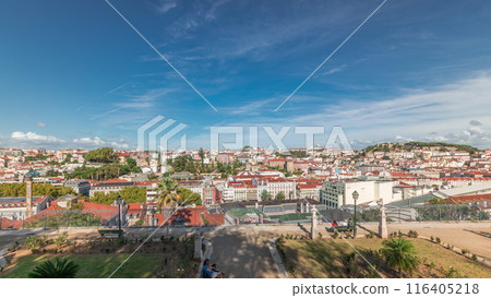 Panorama showing aerial view over the center of Lisbon timelapse from Miradouro de Sao Pedro de Alcantara 116405218