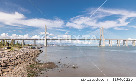 Panorama showing the Vasco da Gama Bridge timelapse in Lisbon, Portugal 116405220