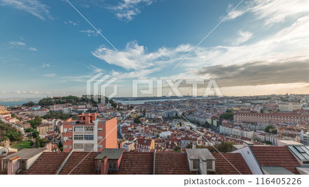 Panorama showing Lisbon famous aerial view from Miradouro da Senhora do Monte tourist viewpoint timelapse Panorama showing Lisbon famous aerial view from Miradouro da Senhora do Monte tourist viewpoint timelapse 116405226