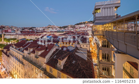 Panorama showing Alfama and Baixa districts of Lisbon aerial day to night timelapse, Portugal Panorama showing Alfama and Baixa districts of Lisbon aerial day to night timelapse, Portugal 116405233