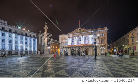Panorama showing Municipal square with City Hall architecture decorated for Christmas and night celebrations night timelapse. Lisbon, Portugal Panorama showing Municipal square with City Hall architecture decorated for Christmas and night celebrations night timelapse. Lisbon, Portugal 116405234