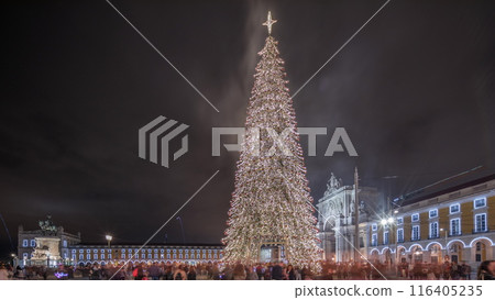 Panorama showing Commerce square illuminated and decorated at Christmas time in Lisbon night timelapse. Portugal Panorama showing Commerce square illuminated and decorated at Christmas time in Lisbon night timelapse. Portugal 116405235