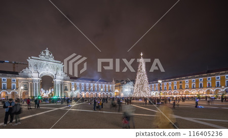 Panorama showing Commerce square illuminated and decorated at Christmas time in Lisbon night timelapse. Portugal 116405236