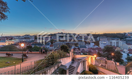 Panorama showing Jardim do Torel day to night timelapse with views to the city center of Lisbon after sunset. Portugal 116405239
