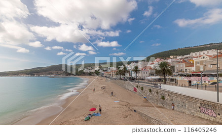 Panorama showing aerial view of Sesimbra Town and seaside timelapse, Portugal. Panorama showing aerial view of Sesimbra Town and seaside timelapse, Portugal. 116405246