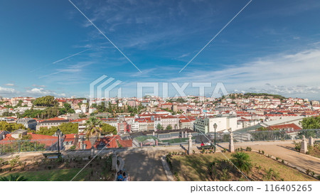 Panorama showing aerial view over the center of Lisbon timelapse from Miradouro de Sao Pedro de Alcantara Panorama showing aerial view over the center of Lisbon timelapse from Miradouro de Sao Pedro de Alcantara 116405265