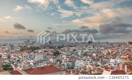 Panorama showing Lisbon famous aerial view from Miradouro da Senhora do Monte tourist viewpoint timelapse 116405271