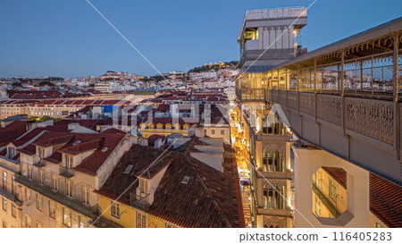 Panorama showing Alfama and Baixa districts of Lisbon aerial day to night timelapse, Portugal 116405283