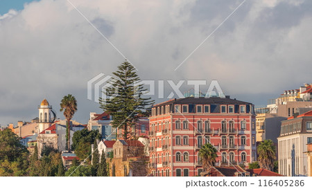 Jardim do Torel timelapse with views to the city center of Lisbon during evening. Portugal 116405286