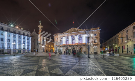 Panorama showing Municipal square with City Hall architecture decorated for Christmas and night celebrations night timelapse. Lisbon, Portugal 116405289
