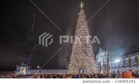 Panorama showing Commerce square illuminated and decorated at Christmas time in Lisbon night timelapse. Portugal 116405291