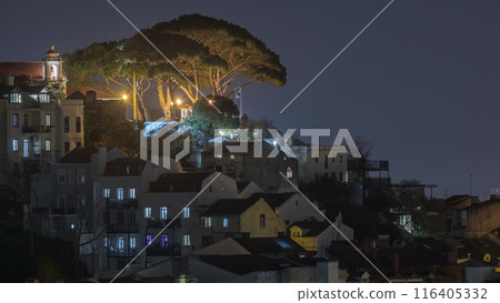 Famous viewpoint Miradouro da Senhora do Monte with church and city view of Lisbon timelapse. Portugal 116405332