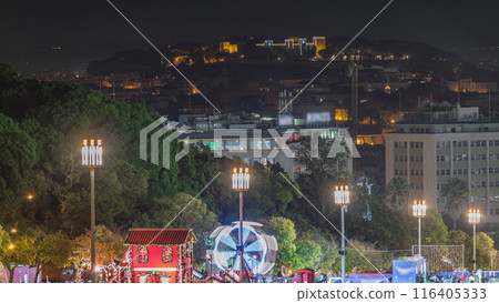 Market inside the traditional Christmas event at Parque Eduardo VII timelapse in the city of Lisbon in Portugal. 116405333