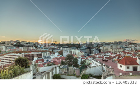 Panorama showing Jardim do Torel timelapse with views to the city center of Lisbon during sunset. Portugal 116405338