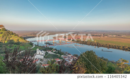 Panorama showing the Castle of Almourol on hill in Santarem aerial timelapse. Portugal Panorama showing the Castle of Almourol on hill in Santarem aerial timelapse. Portugal 116405342