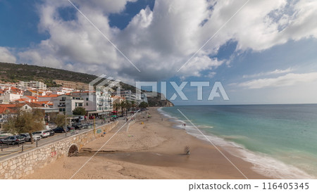 Panorama showing aerial view of Sesimbra Town and seaside timelapse, Portugal. Panorama showing aerial view of Sesimbra Town and seaside timelapse, Portugal. 116405345