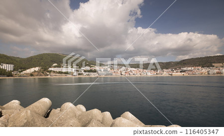 Panorama showing view of Sesimbra Town and Port timelapse, Portugal. 116405347