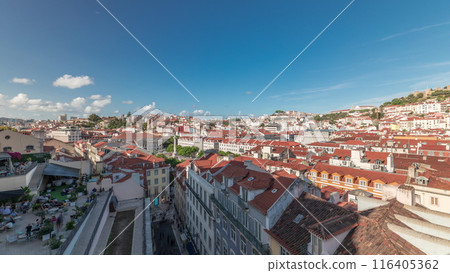 Panorama showing Alfama and Baixa districts of Lisbon aerial timelapse from anta Justa lift, Portugal 116405362
