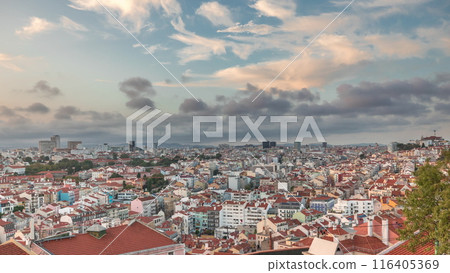 Panorama showing Lisbon famous aerial view from Miradouro da Senhora do Monte tourist viewpoint timelapse 116405369