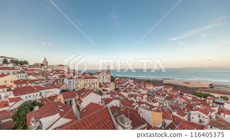 Panorama showing aerial view of Alfama in Lisbon timelapse during sunset. Panorama showing aerial view of Alfama in Lisbon timelapse during sunset. 116405375