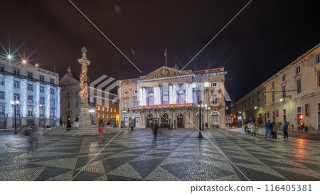 Panorama showing Municipal square with City Hall architecture decorated for Christmas and night celebrations night timelapse. Lisbon, Portugal Panorama showing Municipal square with City Hall architecture decorated for Christmas and night celebrations night timelapse. Lisbon, Portugal 116405381