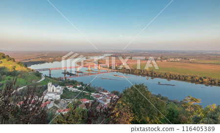 Panorama showing the Castle of Almourol on hill in Santarem aerial timelapse. Portugal Panorama showing the Castle of Almourol on hill in Santarem aerial timelapse. Portugal 116405389