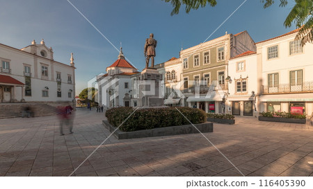 Panorama showing Sa da Bandeira Square with a view of the Santarem See Cathedral timelapse. Portugal 116405390