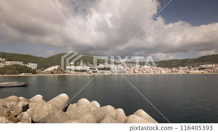 Panorama showing view of Sesimbra Town and Port timelapse, Portugal. 116405393