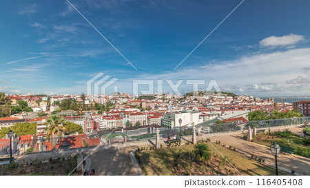 Panorama showing aerial view over the center of Lisbon timelapse from Miradouro de Sao Pedro de Alcantara 116405408