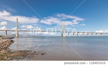 Panorama showing the Vasco da Gama Bridge timelapse in Lisbon, Portugal Panorama showing the Vasco da Gama Bridge timelapse in Lisbon, Portugal 116405410