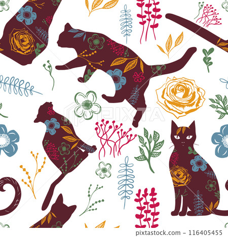 Silhouettes of cats and flowers seamless pattern. hand drawing. Not AI, Vector illustration 116405455