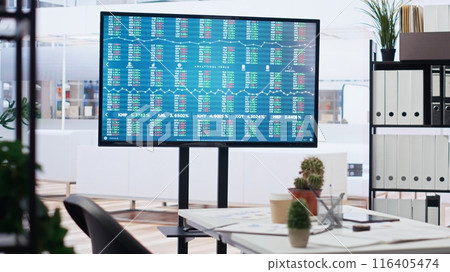 Stock exchange indices on screen in empty financial department office used for forecasting and analysis purposes. Company workspace with nobody in and business figures on display, camera B 116405474